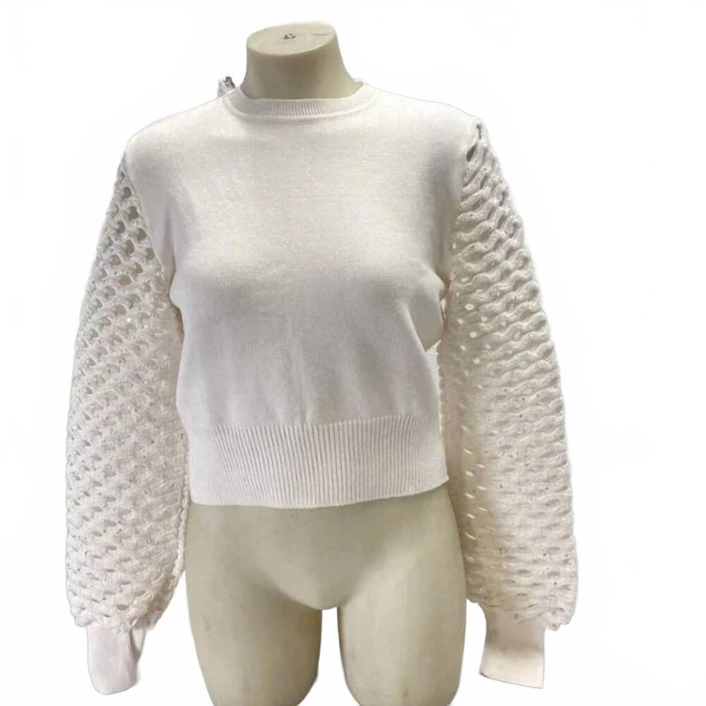 NEW MARIA PAVAN women’s sequin braided long sleeve soft sweater in white